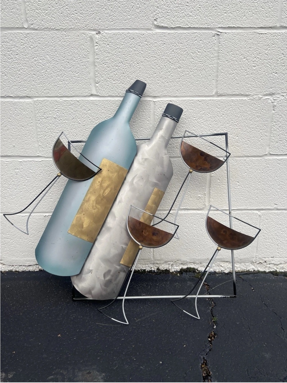 Vintage BRUTALIST WINE BOTTLE + GLASSES Metal Wall Art Sculpture att Curtis Jere